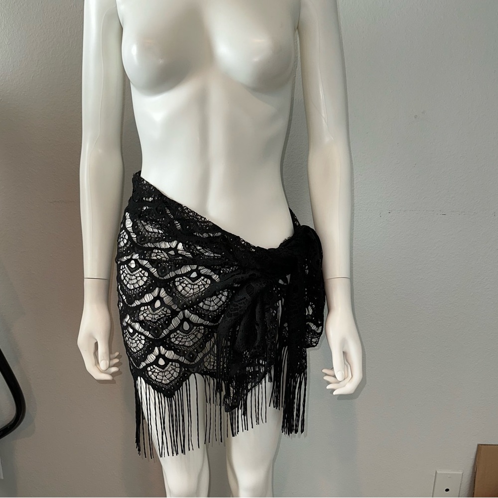 BECCA *Malay* black crochet lace fringe coverup skirt sarong shawl headwrap - Picture 2 of 7